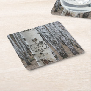 Personalised Country Rustic Carved Heart Square Paper Coaster