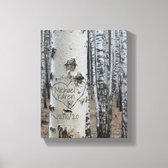 Personalised Country Rustic Carved Names in Heart Canvas Print (Front)