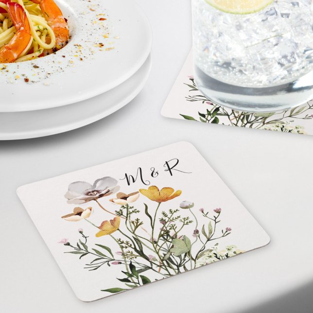 Personalised Couple Monogram Dried Wildflower  Square Paper Coaster (In situ dining table)