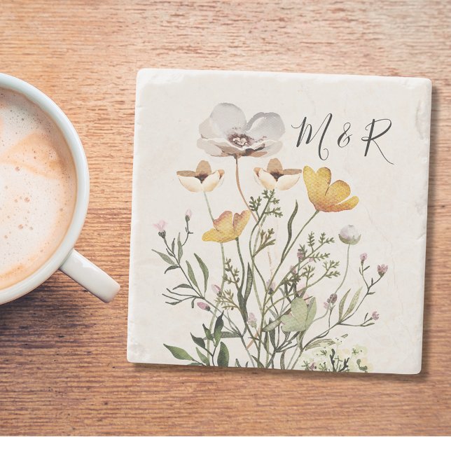 Personalised Couple Monogram Dried Wildflower  Stone Coaster (In situ)