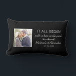 Personalised Couple Photo Newlywed Names Date Lumbar Cushion<br><div class="desc">Every couple has a unique story about where it all began. This black pillow with elegant white text can be customised to any couple,  with their names,  the date of their anniversary (first date,  wedding,  engagement,  etc),  as well as a picture of the happy couple. A truly unique keepsake!</div>