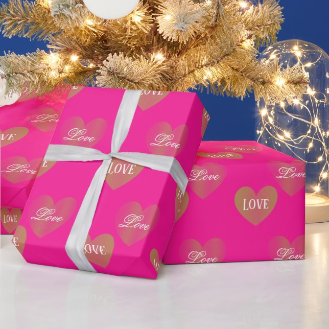 Personalised Couple Twice Golden Hearts, Deep Pink Wrapping Paper (Holidays)