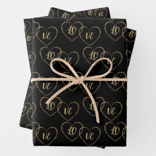 Personalised Couple's Gold and Black Heart Charms Wrapping Paper Sheet