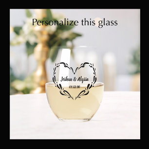 Personalised Couple's Names Elegant Heart Gift  Stemless Wine Glass