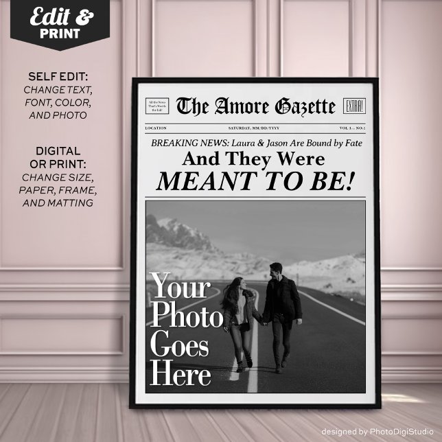 Personalised Couples Newspaper Print 'Meant to Be' (Personalized Couples Newspaper Print 'And they Were Meant to Be')