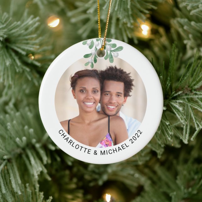 Personalised Couples Photo Mistletoe Ceramic Tree Decoration (Tree)