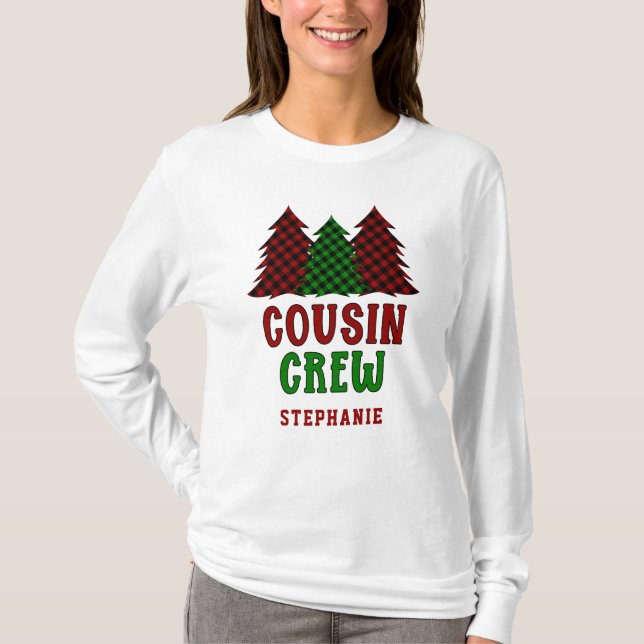 Personalised Cousin Crew Plaid Christmas Tree T-Shirt (Front)