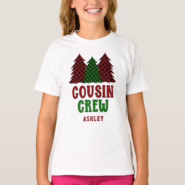 Personalised Cousin Crew Plaid Christmas Tree T-Shirt (Front)