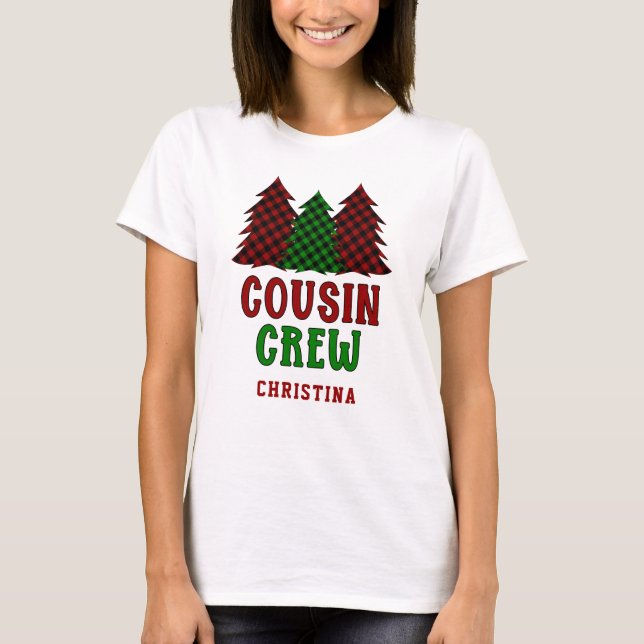 Personalised Cousin Crew Plaid Christmas Tree T-Shirt (Front)