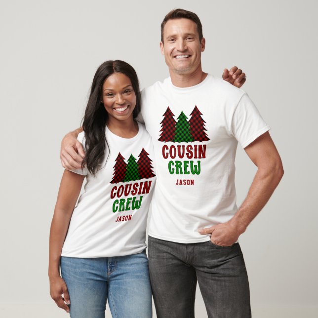 Personalised Cousin Crew Plaid Christmas Tree T-Shirt (Unisex)