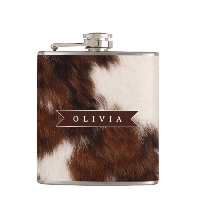 Personalised Cow Print Cowgirl Western Style Gift Hip Flask (Front)