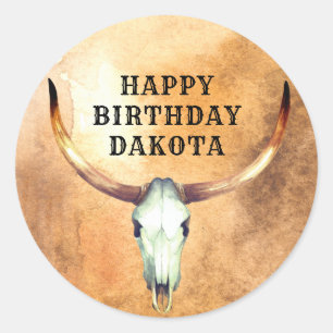Personalised Cow Skull Steer Cowboy Birthday Clas Classic Round Sticker
