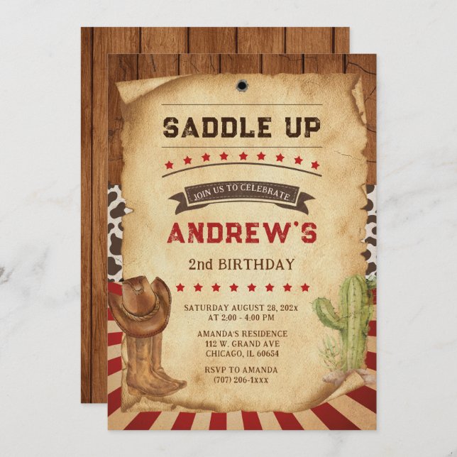 Personalised Cowboy 2nd Birthday Invitation (Front/Back)