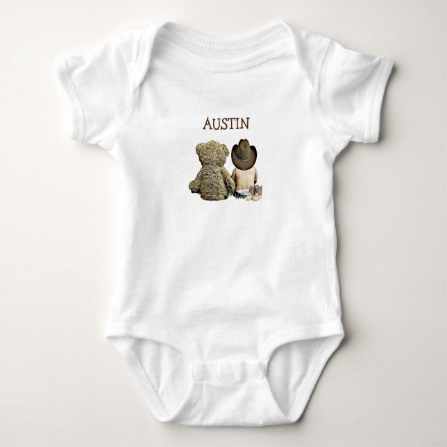 Personalised Cowboy and Teddy Bear Baby One Piece Baby Bodysuit (Front)
