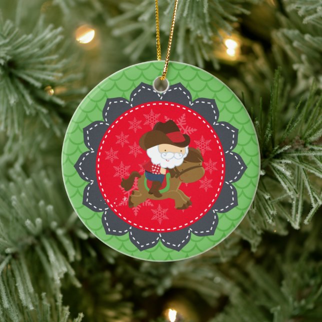 Personalised Cowboy Santa Riding Horse Christmas Ceramic Tree Decoration (Tree)