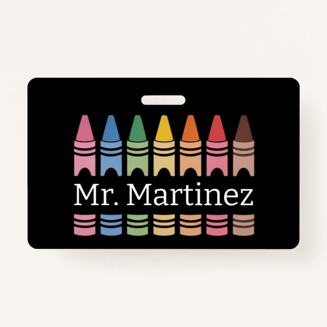 Personalised Crayon Teacher Name Cute Back School ID Badge (Front)