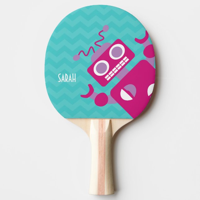 Personalised Crazy Fun Pink Robot Teal Chevron Ping Pong Paddle (Front)