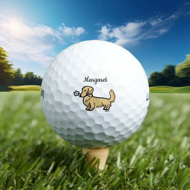 Personalised Cream Long Haired Dachshund  Golf Balls (Cream Long Haired Dachshund Tiny Flower Golf Balls for Doxie owners.  Cute Dog Cartoon Design.)