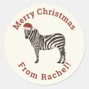 Personalised Cream Merry Christmas Santa Zebra Classic Round Sticker