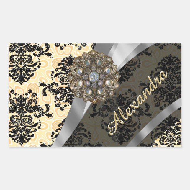 Personalised cream pretty girly damask pattern rectangular sticker (Front)