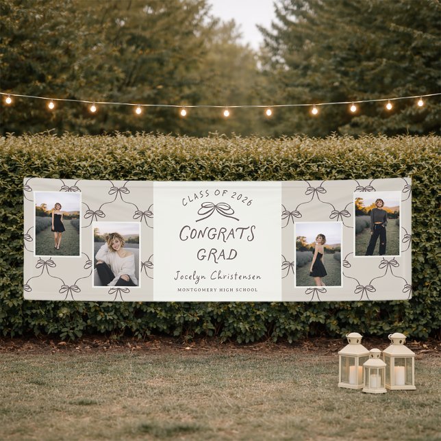Personalised Cream Taupe Bows 4 Photo Graduation Banner (Creator Uploaded)