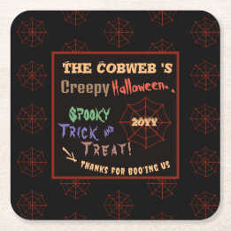 Personalised Creepy Colourful Halloween Spider Web Square Paper Coaster