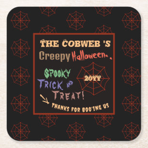Personalised Creepy Colourful Halloween Spider Web Square Paper Coaster