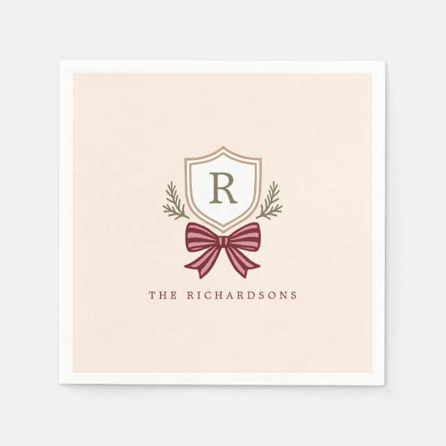 Personalised Crest Bow Monogram Christmas Party Napkin (Front)
