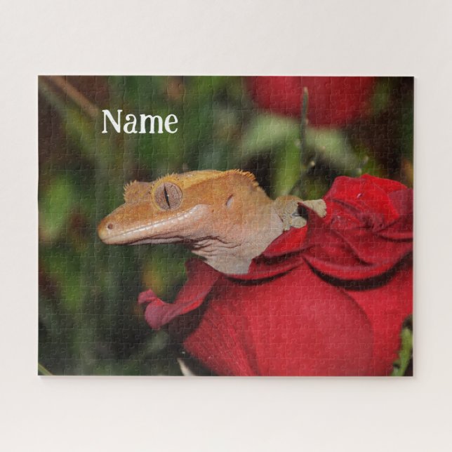 Personalised Crested Gecko Lizard on a Rose Jigsaw Puzzle (Horizontal)