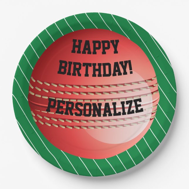 Personalised Cricket Ball Happy Birthday Paper Plate (Front)