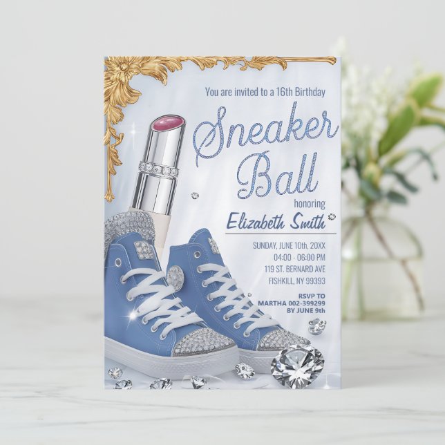 Personalised Crystals Chic Birthday Sneaker Ball Invitation (Standing Front)
