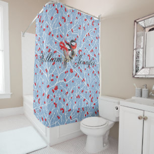 Personalised Cuddling Chickadees Christmas Shower Curtain