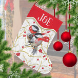 Personalised Cuddling Chickadees | White | Large Christmas Stocking<br><div class="desc">Perfect gift for newlywed couples and cuddlin’ couples at any age — a pair of illustrated chickadees sportingtheir scarves in a snow-filled tree loaded with winterberries. See more gifts and holiday home decor featuring this design in the “Newlyweds First Christmas” collection.</div>