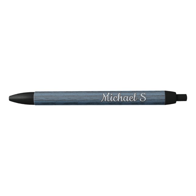 Personalised Custom Blue Grey Woodgrain Pattern Black Ink Pen (Front)