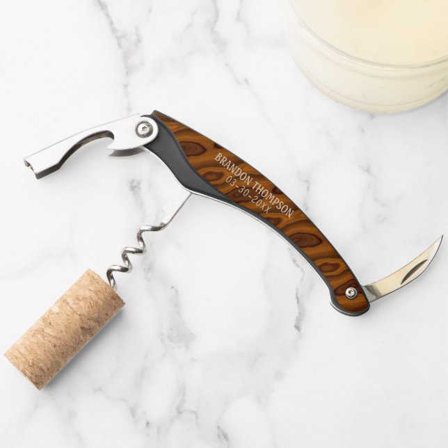 Personalised Custom Brown Wood Grain Pattern Corkscrew (Front)