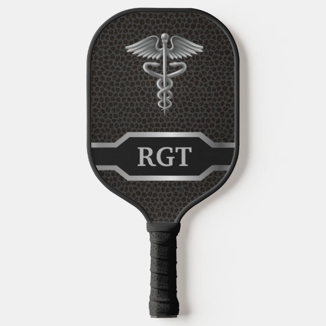 Personalised Custom Caduceus Black & Silver Pickleball Paddle (Front)