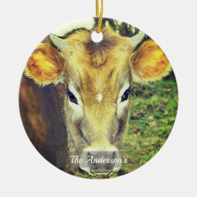 Personalised Custom Cow Photo Ceramic Tree Decoration (Front)