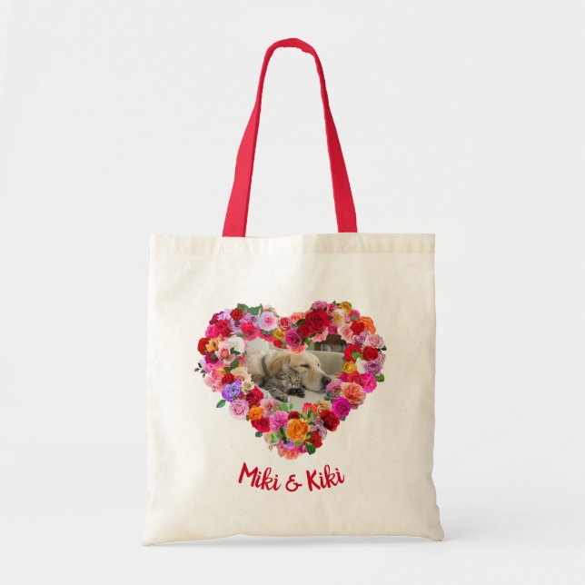 Personalised / Custom Dog / Pet Photo Rose Heart Tote Bag (Front)