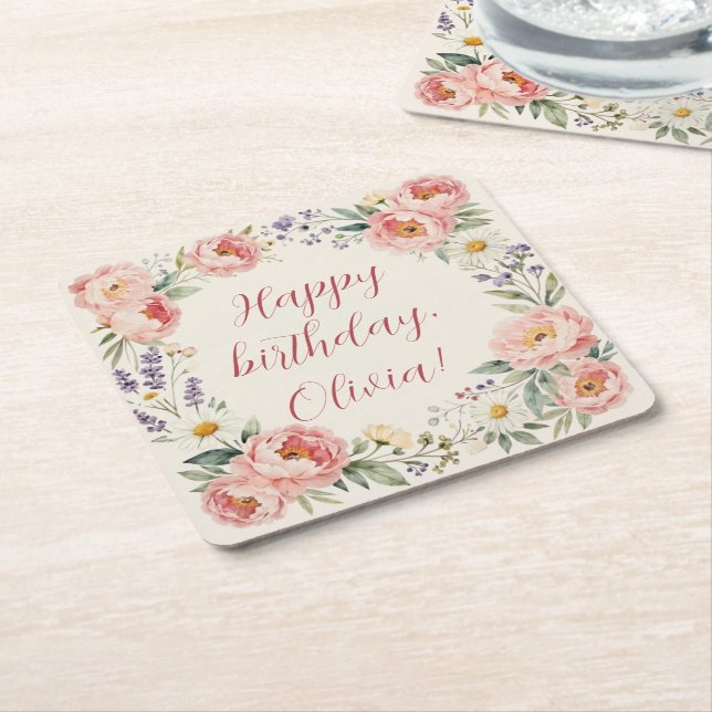 Personalised Custom Floral Happy Birthday Coaster (Angled)