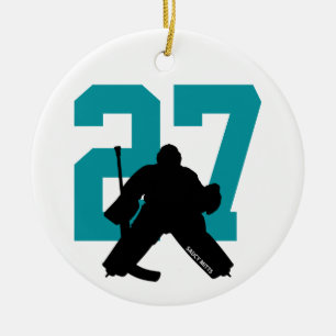 Personalised Custom Hockey Goalie Number Teal Ceramic Tree Decoration