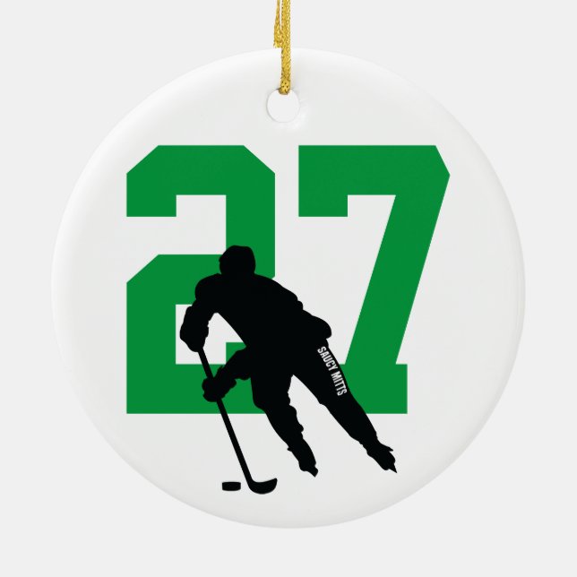 Personalised Custom Hockey Player Number Green Ceramic Tree Decoration (Back)