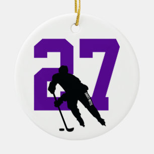 Personalised Custom Hockey Player Number Purple Ceramic Tree Decoration