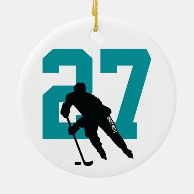 Personalised Custom Hockey Player Number Teal Ceramic Tree Decoration (Back)