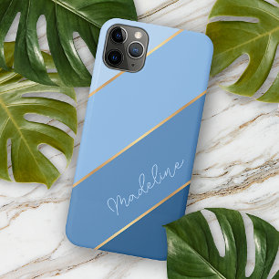 Personalised Custom Light Dark Blue Gold Stripes Case-Mate iPhone Case