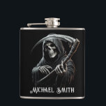 Personalised Custom Name Black Grim Reaper Hip Flask<br><div class="desc">Personalised Custom Name Black Grim Reaper Flask Looking for the perfect gift for a horror-loving guy? This Personalised Grim Reaper Flask is the ideal present for anyone who loves Halloween, scary movies, and all things dark and macabre. Whether you're shopping for a Halloween enthusiast, a fan of creepy aesthetics, or...</div>