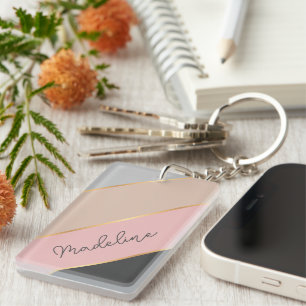 Personalised Custom Name Coral Blush Pink Lines Key Ring
