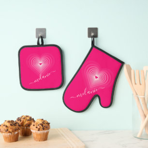 Personalised Custom Name Hearts Pink Oven Mitt & Pot Holder Set