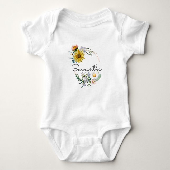 Personalised Custom Name Monogram Floral Wreath Baby Bodysuit (Front)