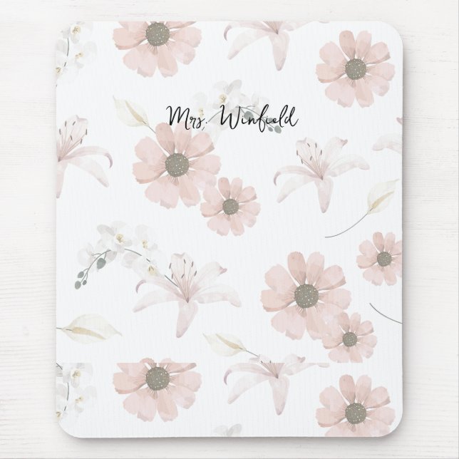 Personalised Custom Name Teacher Pink flowers Mouse Pad (Front)