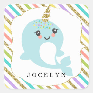 Personalised Custom Narwhal Rainbow Glitter Square Sticker
